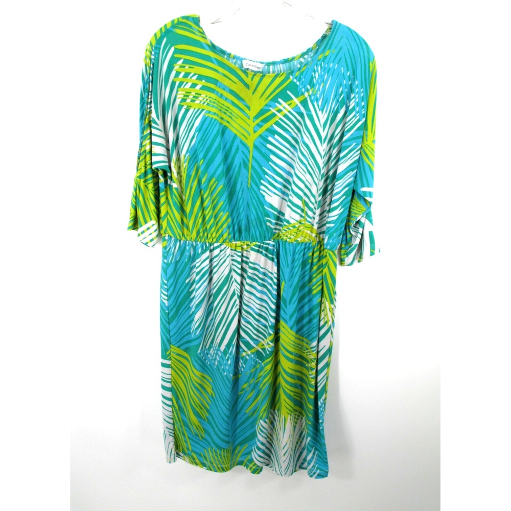 CALVIN KLEIN Midi Blouson Shift Dress Women Large Blue Palm Leaf Tropical Summer